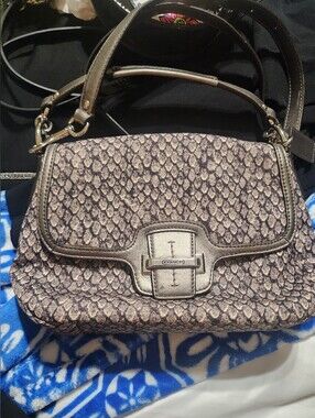 Coach Kristin Snakeskin Print Fabric Shoulder Bag with Metallic Leather Trim